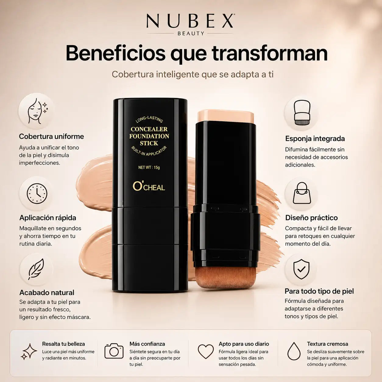 NUBEX BEAUTY Luce una piel uniforme y radiante en segundos, sin complicaciones.