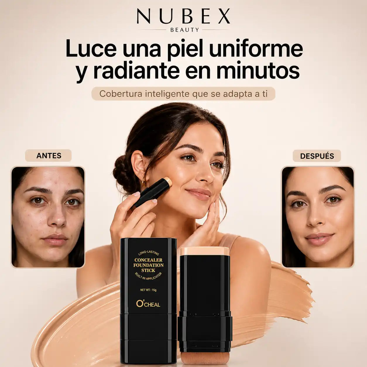 NUBEX BEAUTY Luce una piel uniforme y radiante en segundos, sin complicaciones.